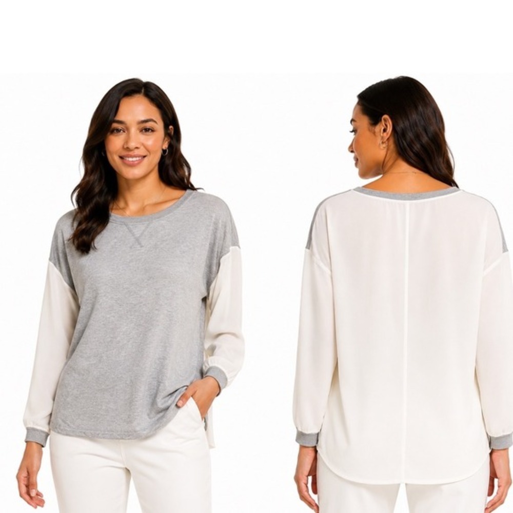 LOFT Mixed Media Sweatshirt Gray Cream Chiffon Sleeve Top S Lagenlook Chic 73-71